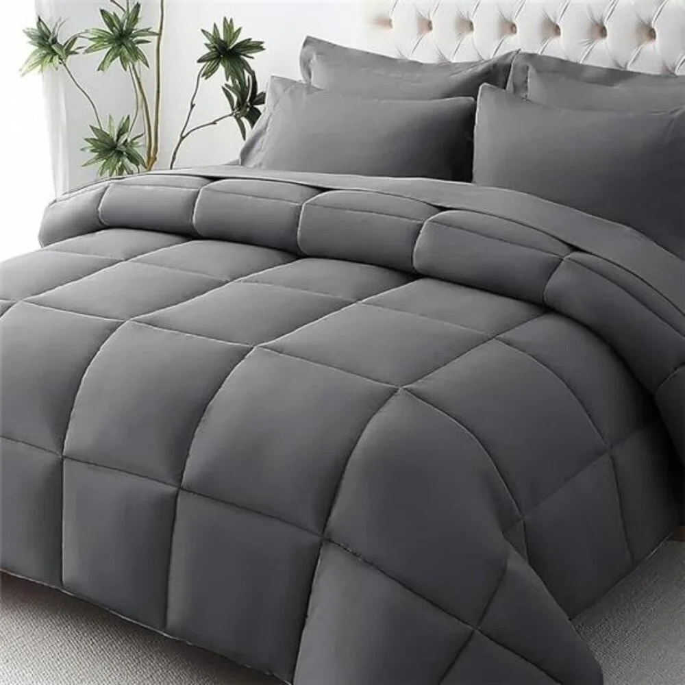 Queen Comforter Set 7 Piece Bed in a Bag Soft Down Alternative Dark Grey